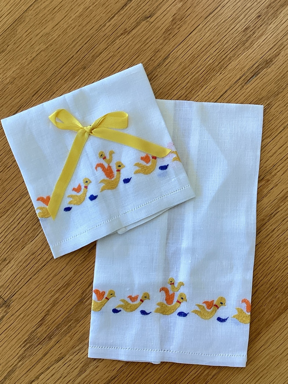 White Linen Embroidered Duck Guest Towels with Yellow Ribbon